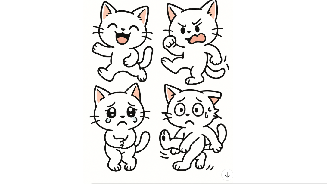 LINEスタンプ用に4体のポーズを詰め込んだが、全体のバランスが崩れたコハクの失敗画像